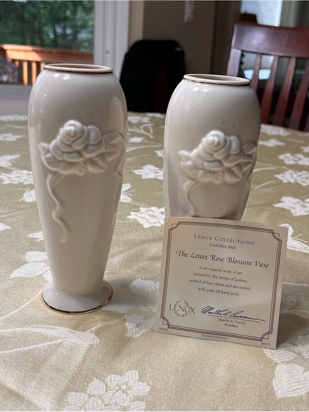 Lenox White Porcelain Rose Relief Vases with Gold Trim (Pair)